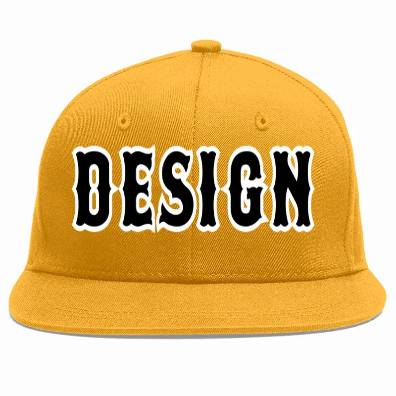 Baseball Cap For Beach Days-Custom Gold Black-White Flat Eaves Sport Baseball Cap Design for Men/Women/Youth