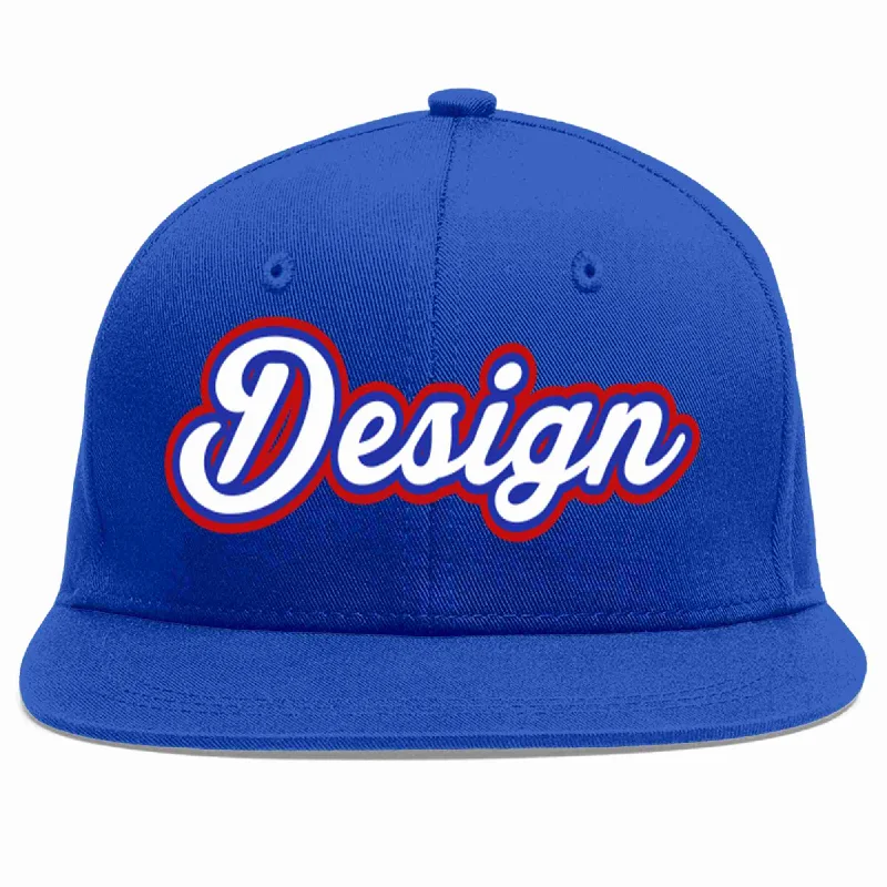 Custom Baseball Cap For Family Reunions-Custom Royal White-Royal Flat Eaves Sport Baseball Cap Design for Men/Women/Youth