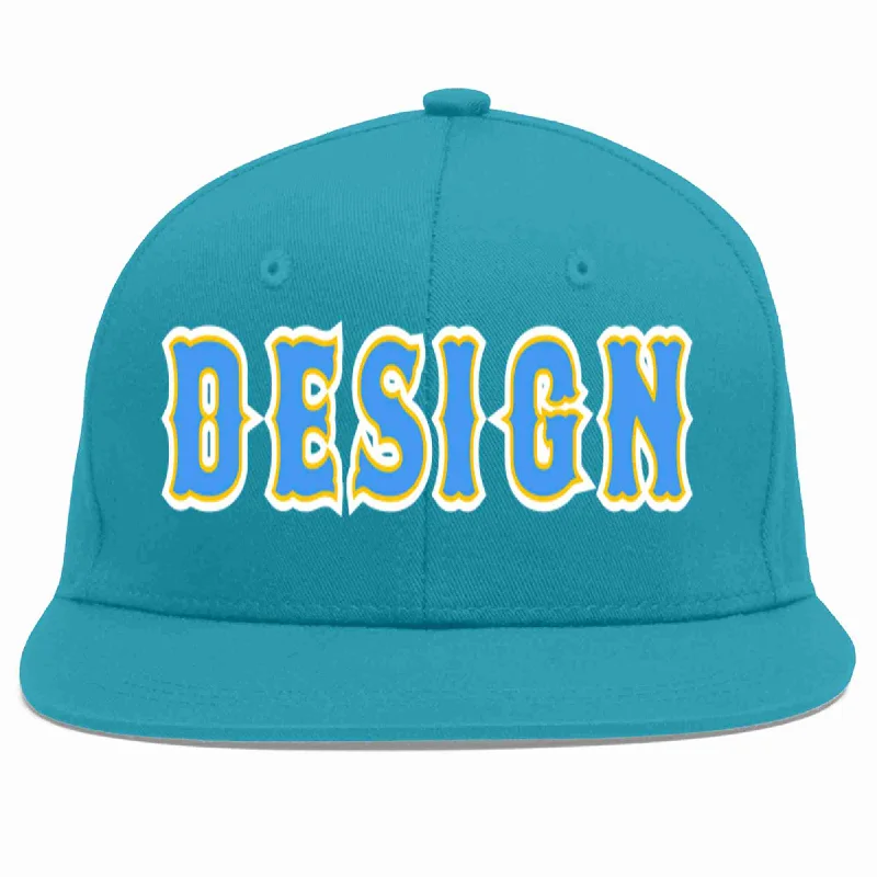 Baseball Cap With Embroidered Text-Custom Aqua Powder Blue-Gold Flat Eaves Sport Baseball Cap Design for Men/Women/Youth