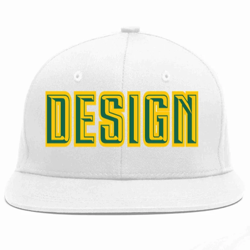 Baseball Cap With Embroidered Graphics-Custom White Kelly Green-Gold Flat Eaves Sport Baseball Cap Design for Men/Women/Youth