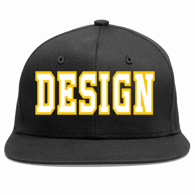 Baseball Cap For Collectors-Custom Black White-Gold Flat Eaves Sport Baseball Cap Design for Men/Women/Youth