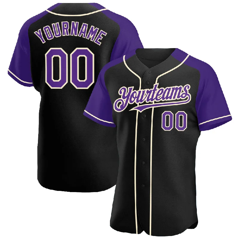 Baseball Jersey For Team Building Apparel-Custom Black Purple-Cream Authentic Raglan Sleeves Baseball Jersey