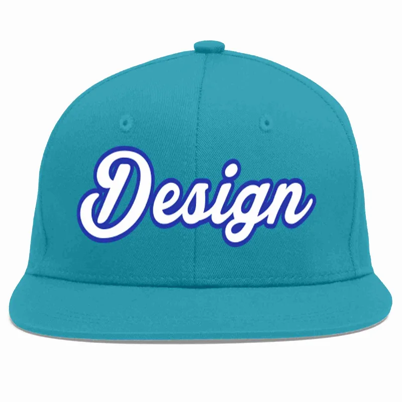 Custom Embroidered Baseball Cap-Custom Aqua White-Royal Flat Eaves Sport Baseball Cap Design for Men/Women/Youth