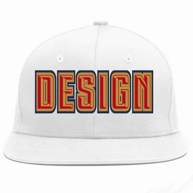 Baseball Cap For Limited Edition Apparel-Custom White Red-Old Gold Flat Eaves Sport Baseball Cap Design for Men/Women/Youth