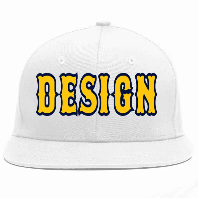 Baseball Cap For Fan Apparel-Custom White Gold-Navy Flat Eaves Sport Baseball Cap Design for Men/Women/Youth