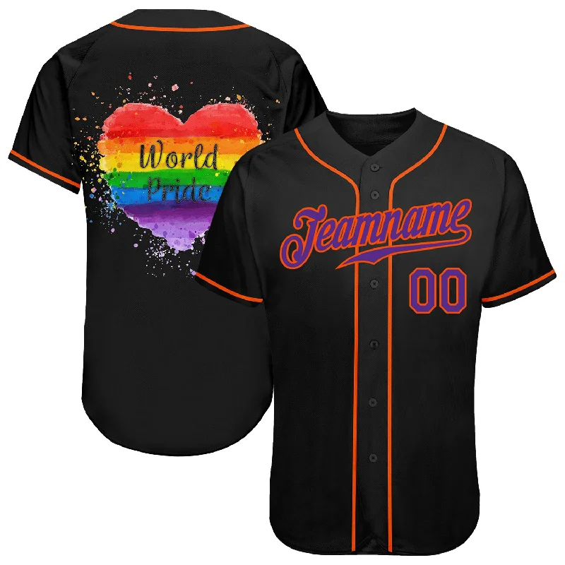 Baseball Jersey For Stylish Designs-Custom Black Purple-Orange Rainbow Colored Heart For World Pride LGBT Authentic Baseball Jersey