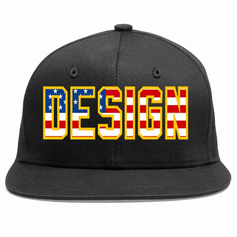 Baseball Cap With Sweatband-Custom Black Vintage?USA?Flag-Gold Flat Eaves Sport Baseball Cap Design for Men/Women/Youth