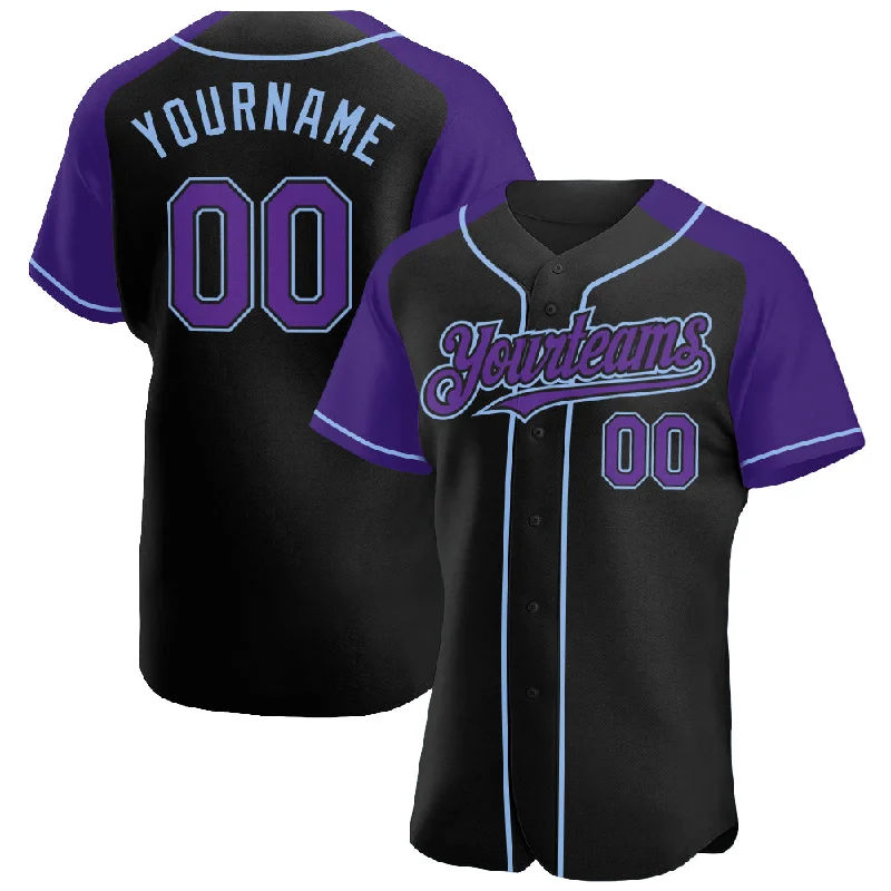 Baseball Jersey For Baseball-Themed Events-Custom Black Purple-Light Blue Authentic Raglan Sleeves Baseball Jersey