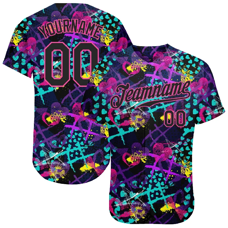 Baseball Jersey For Baseball Fans Apparel-Custom Graffiti Pattern Black-Pink 3D Creative Hearts Stars Geometric Figures Authentic Baseball Jersey