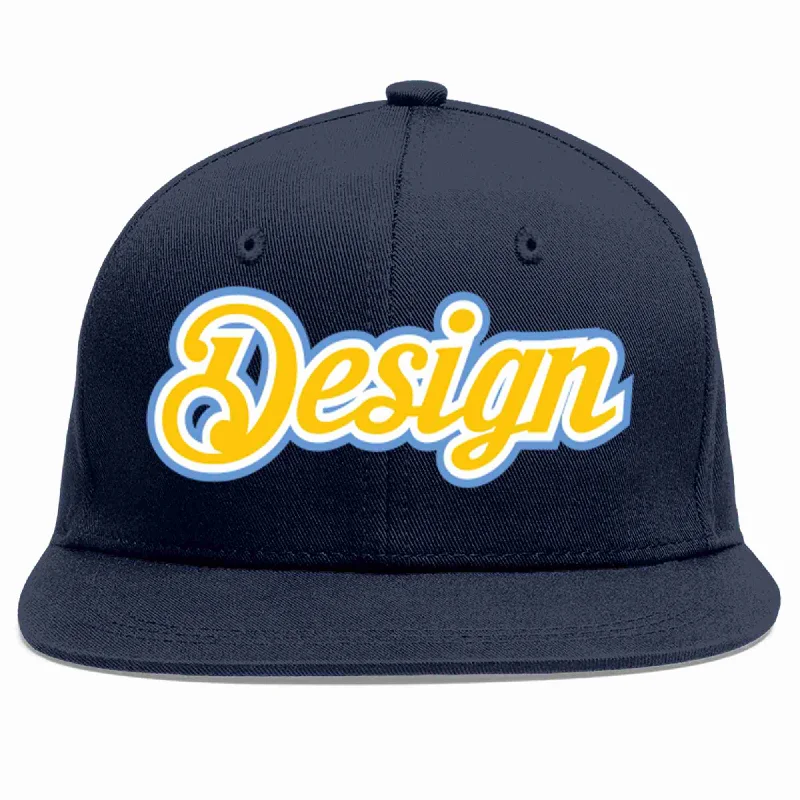 Baseball Cap For Concert Fans-Custom Navy Gold-White Flat Eaves Sport Baseball Cap Design for Men/Women/Youth