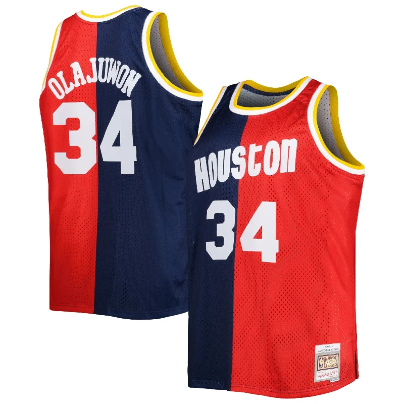 Basketball Jersey For Family Customization-Hakeem Olajuwon Houston Rockets Big & Tall Hardwood Classics 1993/94 Split Swingman Basketball Jersey - Navy/red